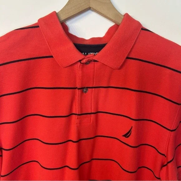 Nautica Red w/ Black Stripes Classic Fit Striped Performance Polo Deck Shirt, XL - Picture 3 of 7